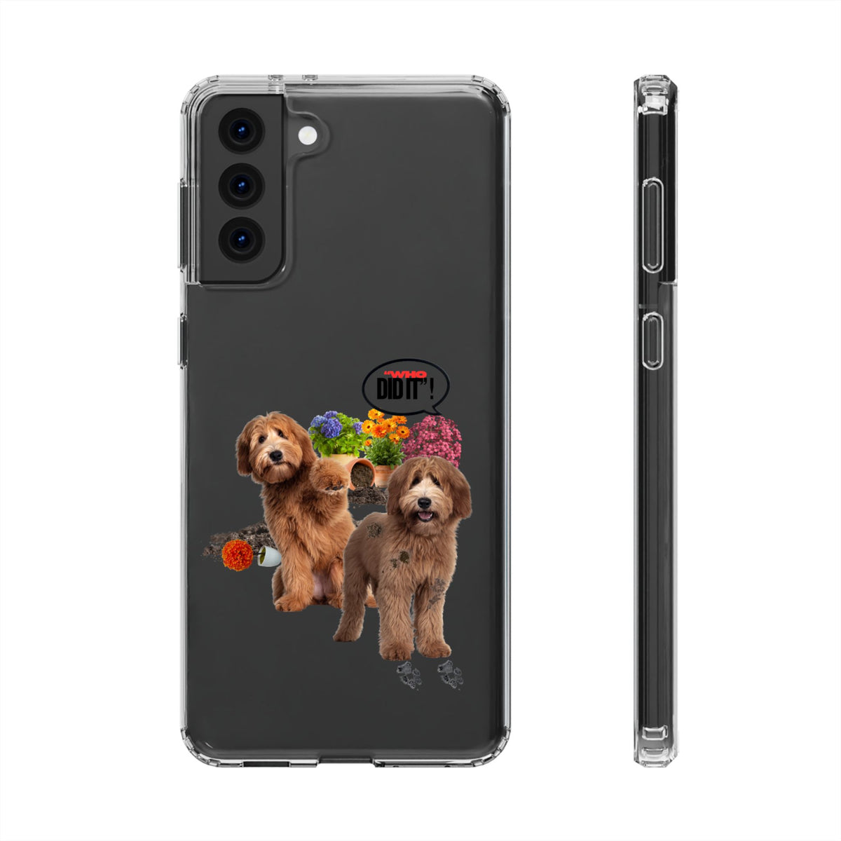 A clear protective phone case shown from the back and side, featuring a printed graphic of two golden doodle dogs with flowers and a speech bubble that says 'DO IT!'.