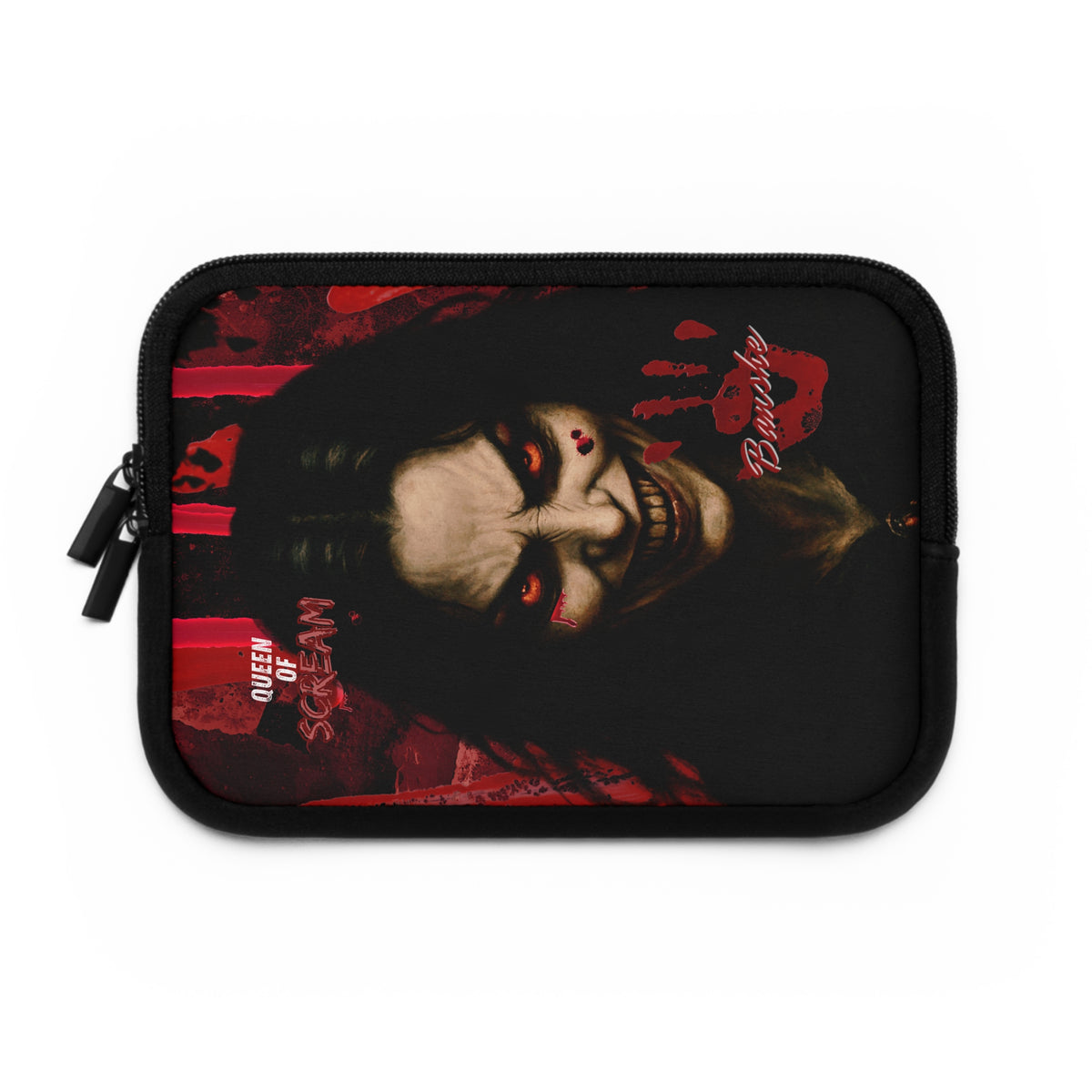 A black zippered pouch featuring a graphic print of a creepy clown face with red makeup, red paint splatters, and the words 'Crazy' and 'Queen Scream'.