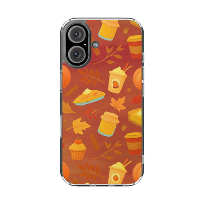 A clear-sided MAGNETIC phone case with a printed autumn pattern featuring orange, yellow, and brown leaves, cupcakes, coffee cups, and pie slices on a warm orange-brown background.