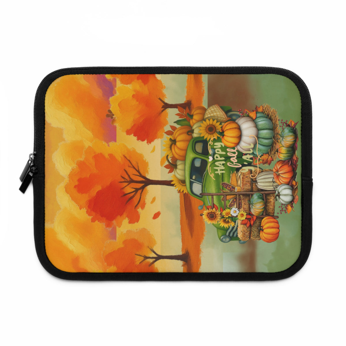 A square zippered sleeve with a black border and a colorful autumn-themed illustration featuring pumpkins, sunflowers, trees, and a green vintage car with the text 'Happy Fall 2016'.