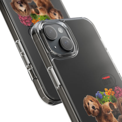 A clear protective phone case with a custom printed design of two dogs and colorful flowers, shown on a black smartphone. The image is a clean product render on a white background.