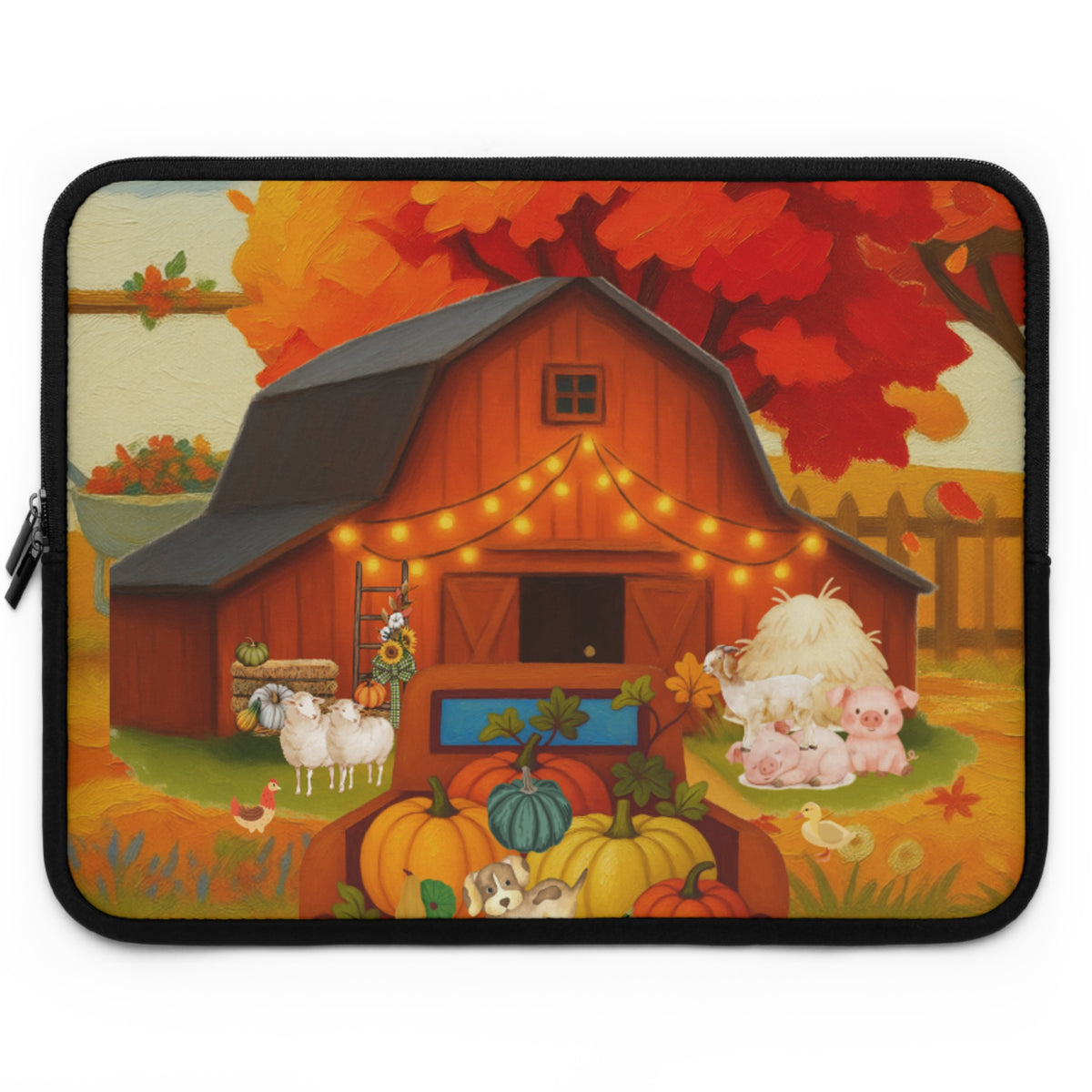 A laptop sleeve featuring a colorful autumn farm illustration with a barn, pumpkins, sheep, pigs, and fall foliage, shown on a plain white background.