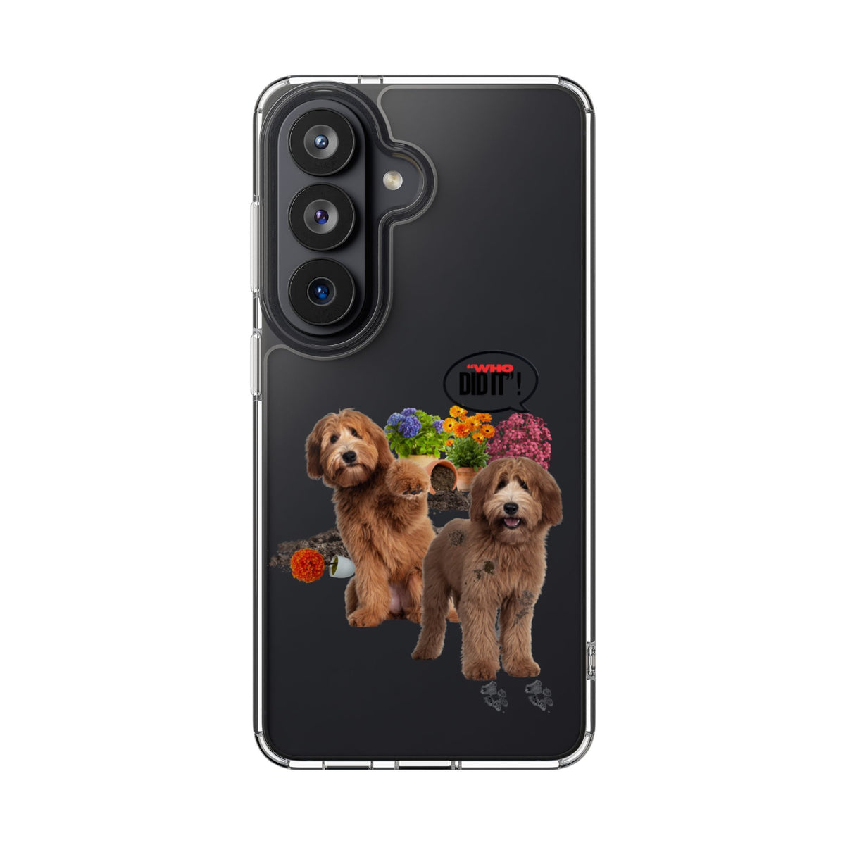 A clear protective phone case for a Samsung Galaxy phone, featuring a printed graphic of two brown poodles with colorful flowers and the text 'my dog'. The case is shown on a black smartphone against a plain white background.