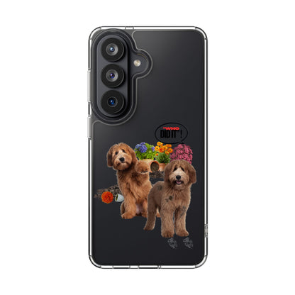A clear protective phone case for a Samsung Galaxy phone, featuring a printed graphic of two brown poodles with colorful flowers and the text 'my dog'. The case is shown on a black smartphone against a plain white background.