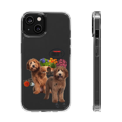 A clear protective phone case shown from the back and side views. The back of the case is black with a printed graphic of two brown dogs and colorful flowers, with a small red 'TWO TOS' logo.