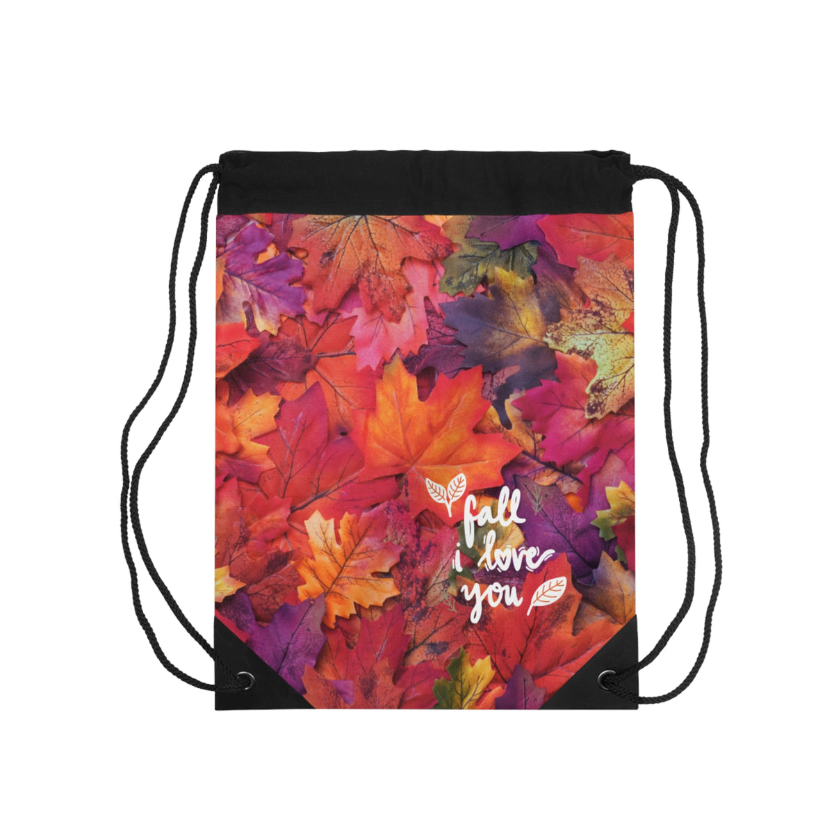 A black drawstring bag featuring a vibrant autumn leaf print with the phrase 'fall i love you' in white script, set against a plain white background.
