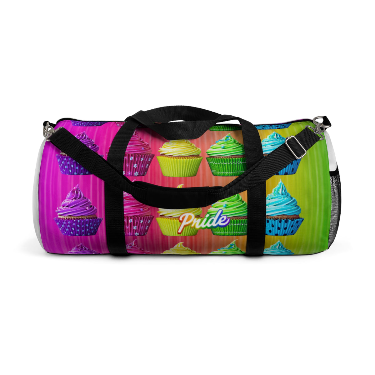 A cylindrical duffel bag with a vibrant, multicolor pattern of cupcakes and the word 'Pride' in script, featuring black handles and straps, set against a plain white background.