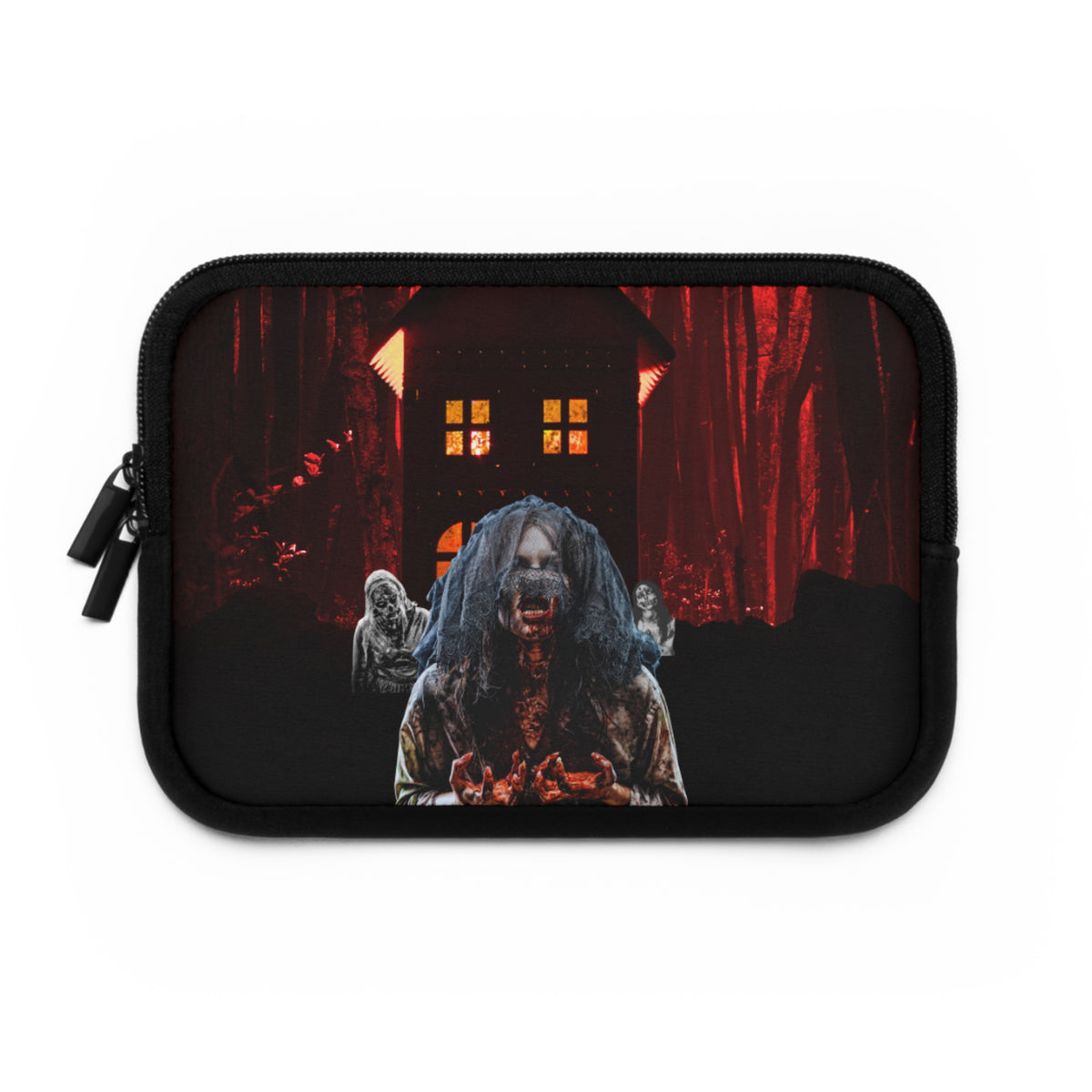 A black zippered pouch featuring a horror-themed graphic print of a zombie with long dark hair in front of a haunted house, shown on a plain white background.