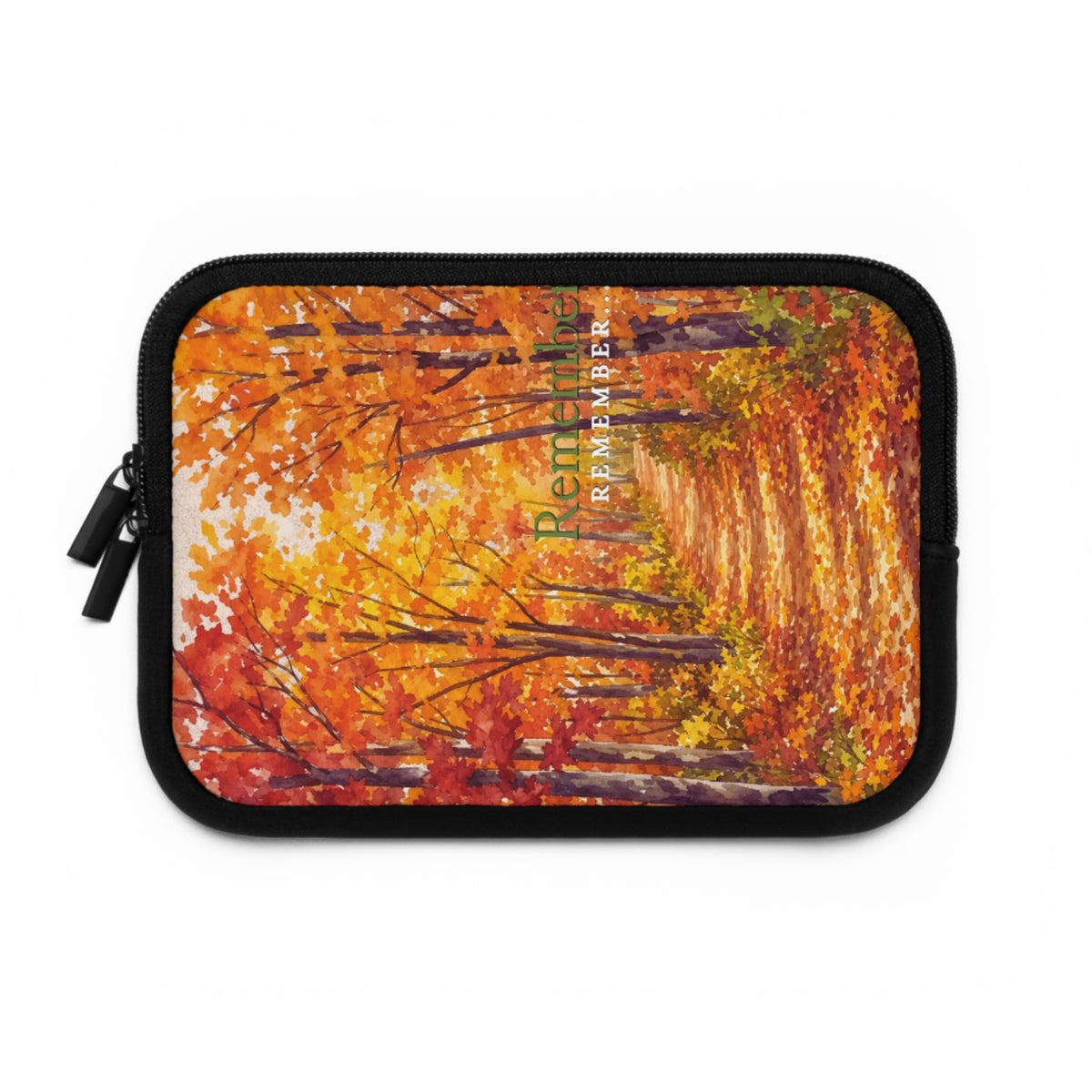 A rectangular zippered pouch with a black border and zipper, featuring an autumn forest painting print in vibrant orange, yellow, and red tones with the word 'Remember' printed vertically in the center.