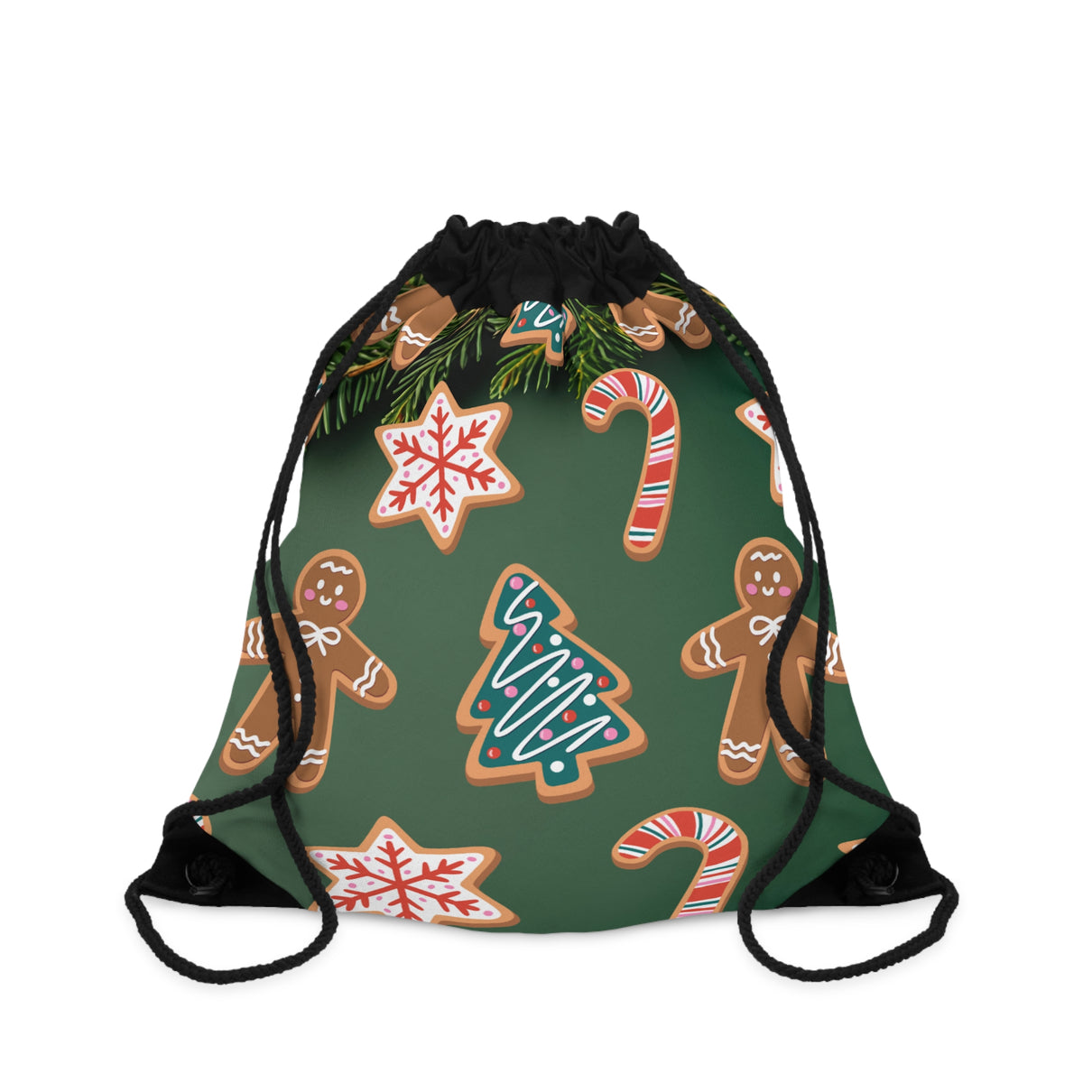 A drawstring backpack with a dark green background and a festive holiday print featuring gingerbread cookies, candy canes, snowflakes, pine branches, and a Christmas tree. The drawstrings are black.