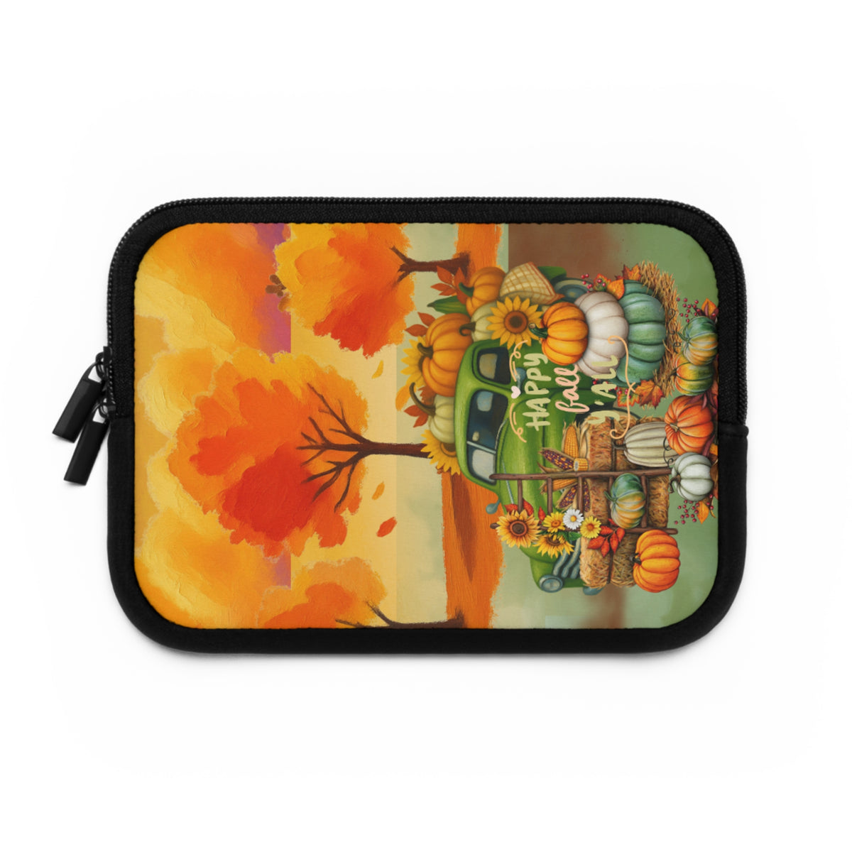 A rectangular zippered pouch with a black zipper and trim, featuring a colorful autumn-themed print of a green vintage truck loaded with pumpkins, sunflowers, and fall leaves against a warm orange sky.