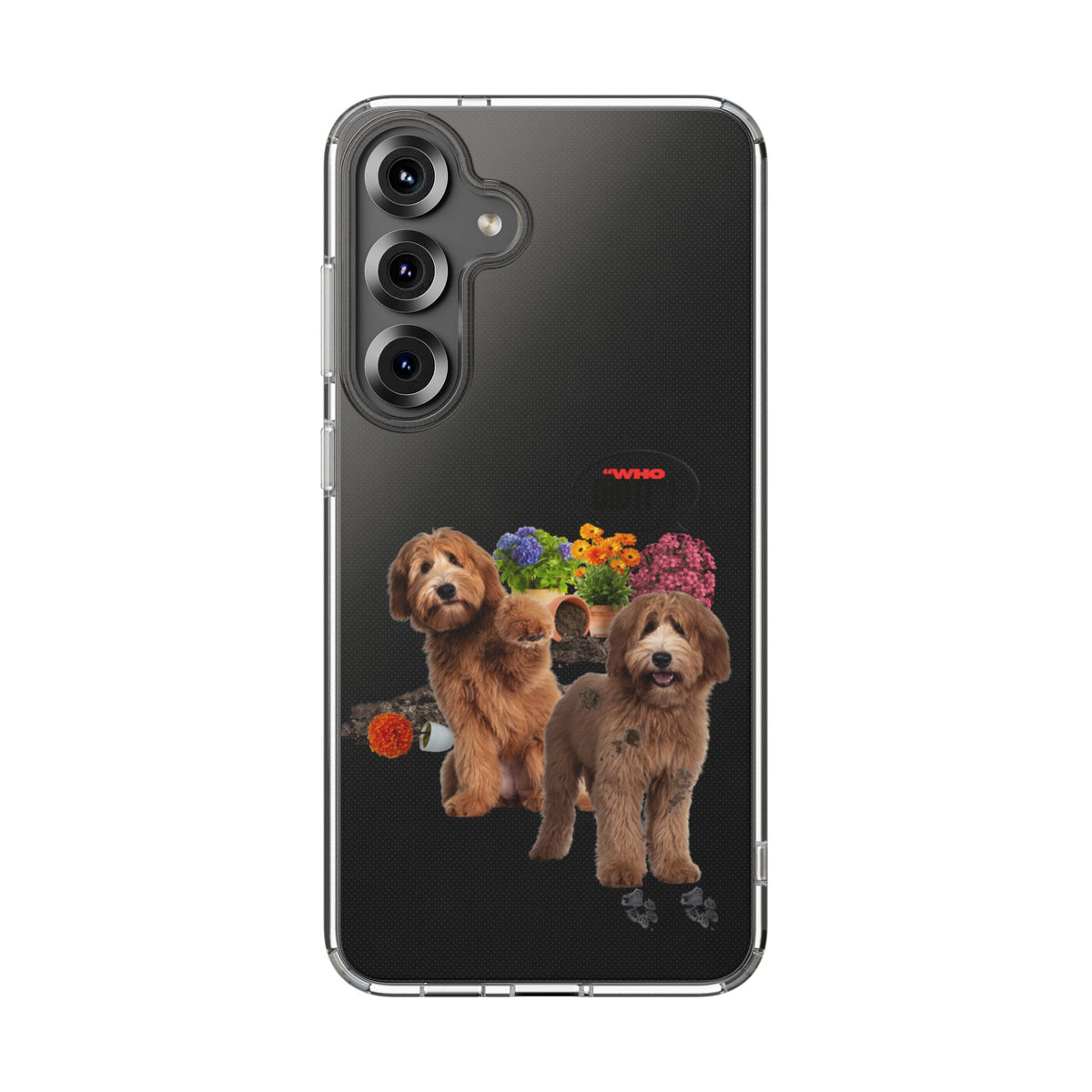 A clear smartphone case with a printed design of two brown dogs and colorful flowers on a black background, shown on a phone against a plain white background.