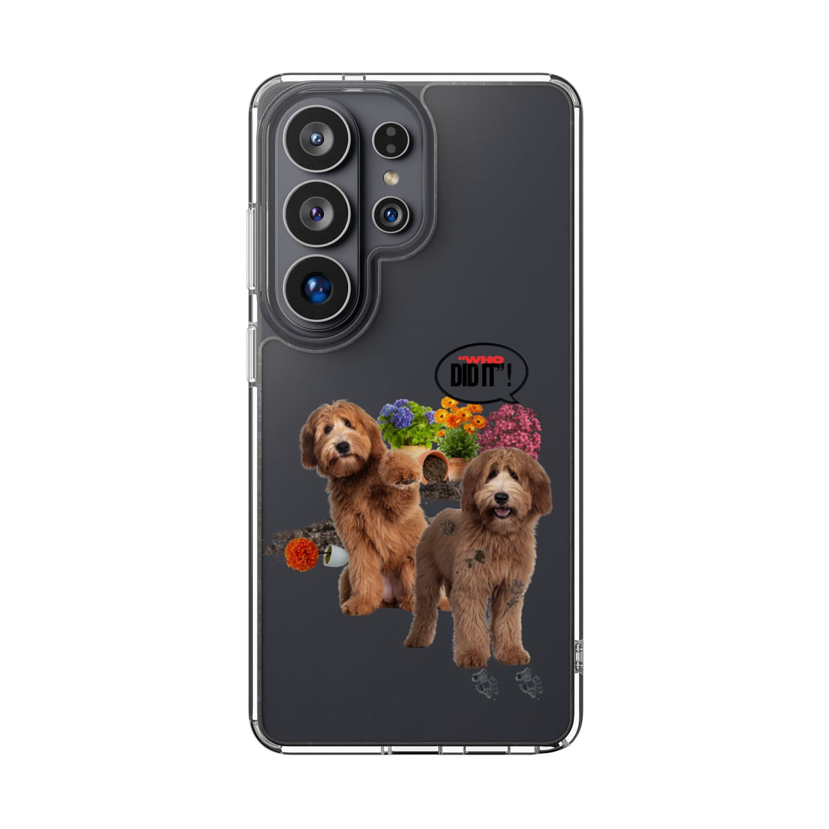 A clear protective phone case for a Samsung smartphone, featuring a printed graphic of two brown dogs and colorful flowers, with a black oval logo that reads 'DO NOT'.