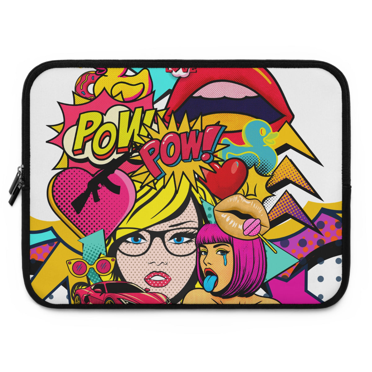 A laptop sleeve featuring a vibrant pop-art graphic design with the words 'POW! POW!' in comic-style lettering, illustrated women with glasses and pink hair, hearts, and abstract shapes on a white background with a black border.