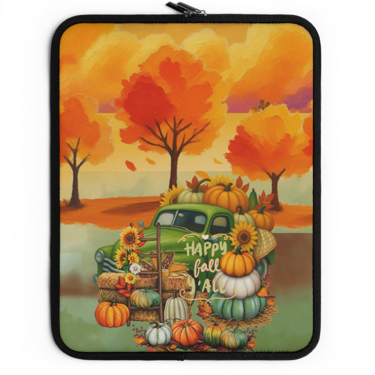 A square laptop sleeve featuring a colorful autumn-themed illustration with a green pickup truck loaded with pumpkins, gourds, and sunflowers, set against a white background.