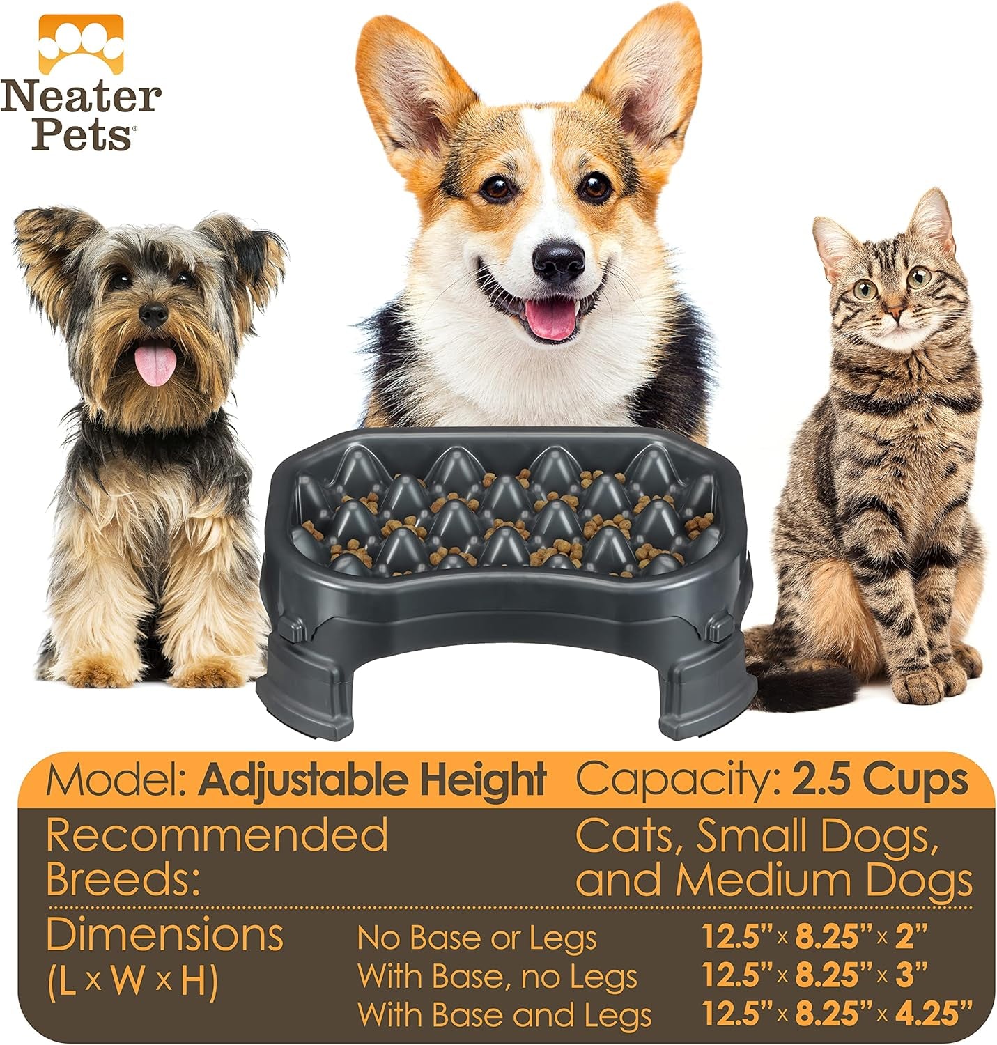 – Neater Raised Slow Feeder Dog Bowl – Elevated and Adjustable Food Height - (2.5 Cup, Gunmetal)