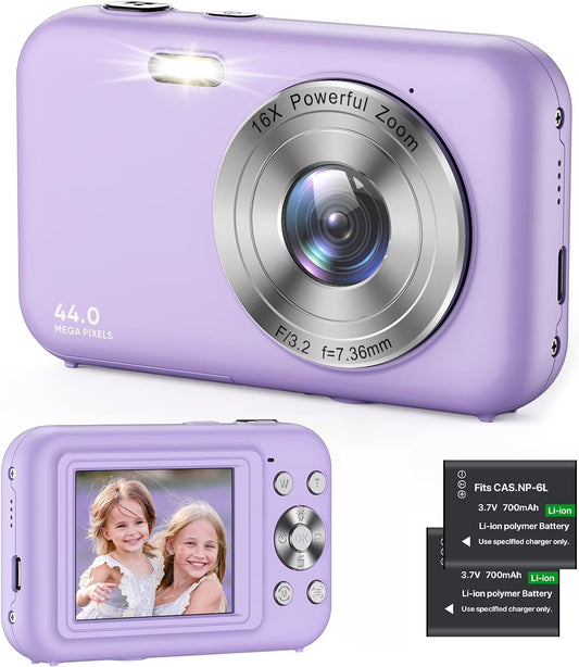 Digital Camera Kids Camera with 32GB Card FHD 1080P 44MP Vlogging Camera 16X Digital Zoom Portable Camera (Purple)
