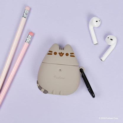 X Pusheen the Cat [ Compatible with Airpods 1/2 ] Cute Silicone Protective Cover [Carabiner Clip Included] [Wireless Charging Capable] - Standing