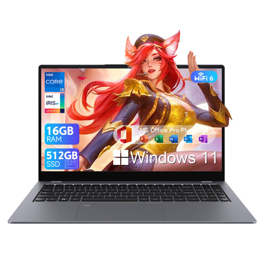 15.6" Windows 11 Laptop, Dual 16GB DDR4 512GB SSD, Intel Core I5 1240P, 12 Core up 4.4Ghz, Office 2024 Fingerprint Backlit KB Wifi 6 BT5.2, Laptop Computer for Business, Student, Light Gaming