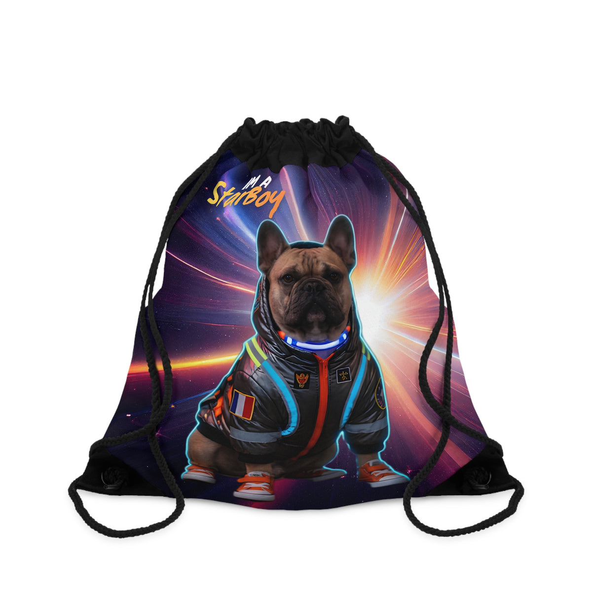 A black drawstring backpack featuring a colorful graphic print of a French Bulldog in a futuristic space-themed jumpsuit with glowing accents, set against a starry cosmic background. The word 'Starboy' is printed in stylized yellow font near the top.