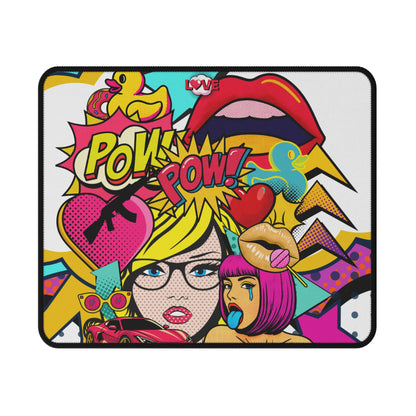 A rectangular mouse pad with rounded corners, featuring a vibrant, multi-colored pop-art comic book illustration. The design includes the words 'POW! POW!' in a yellow comic-style font, a pink heart with a black rifle, a yellow rubber duck, two stylized female faces with pink and yellow hair, and a red lips graphic.