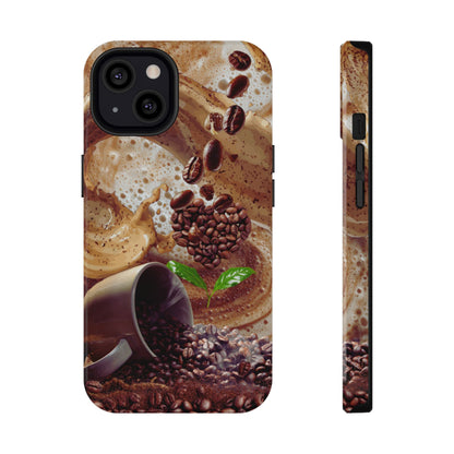 A phone case shown from the back and side on a plain white background. The case features a coffee-themed graphic print with coffee beans, a spilled mug, and swirling coffee tones.
