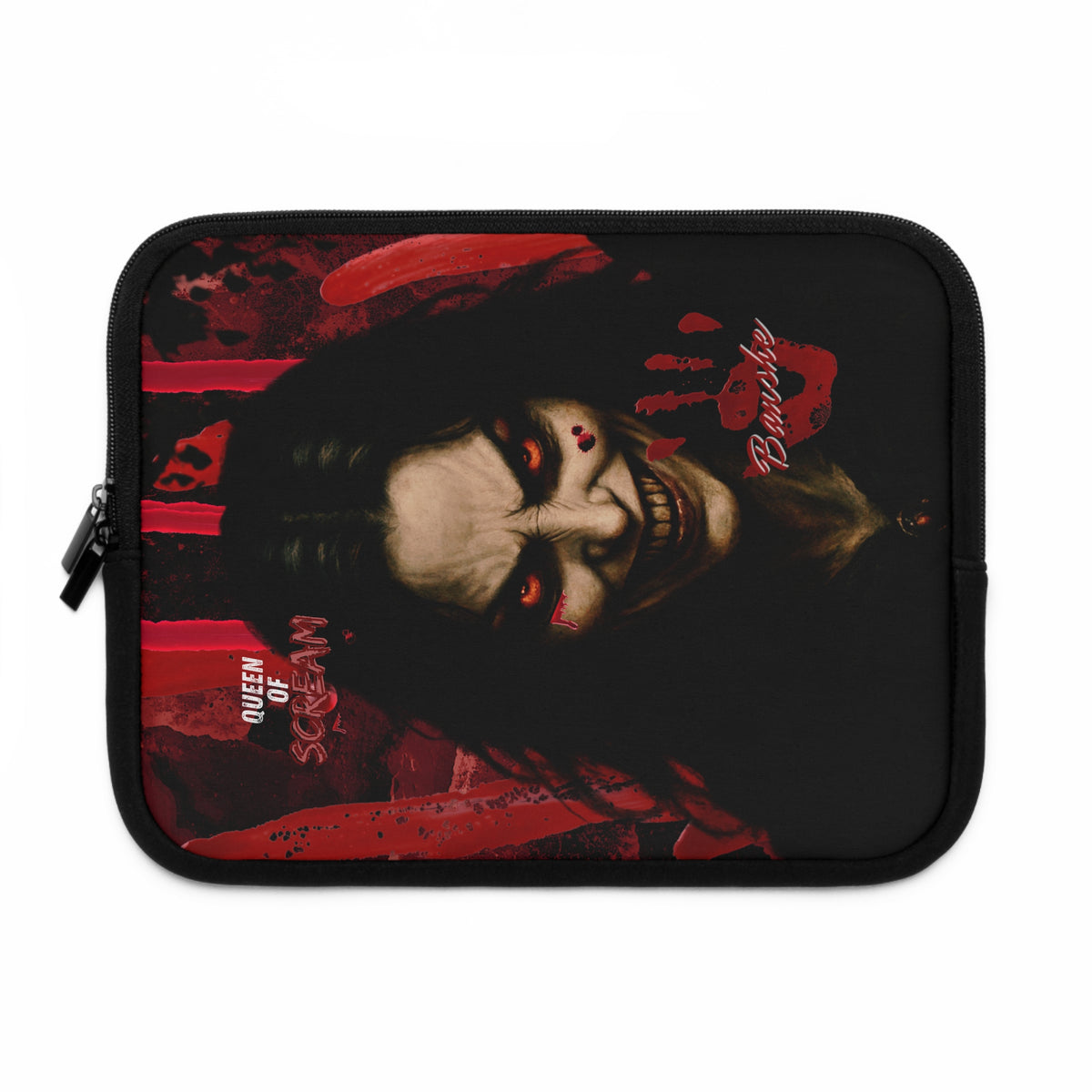 A black zippered laptop sleeve featuring a graphic print of a horror character with pale skin, red eye makeup, and red blood splatters, with text reading 'Queen of Scream' and 'Banshee'.