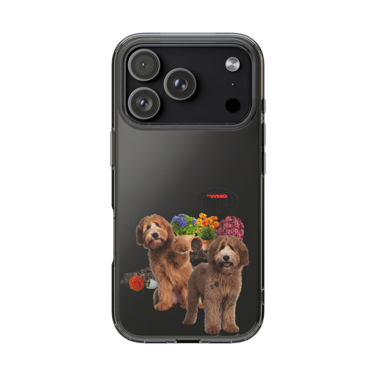 A black protective phone case featuring a graphic print of two brown poodles and colorful flowers, shown on a smartphone against a plain white background.