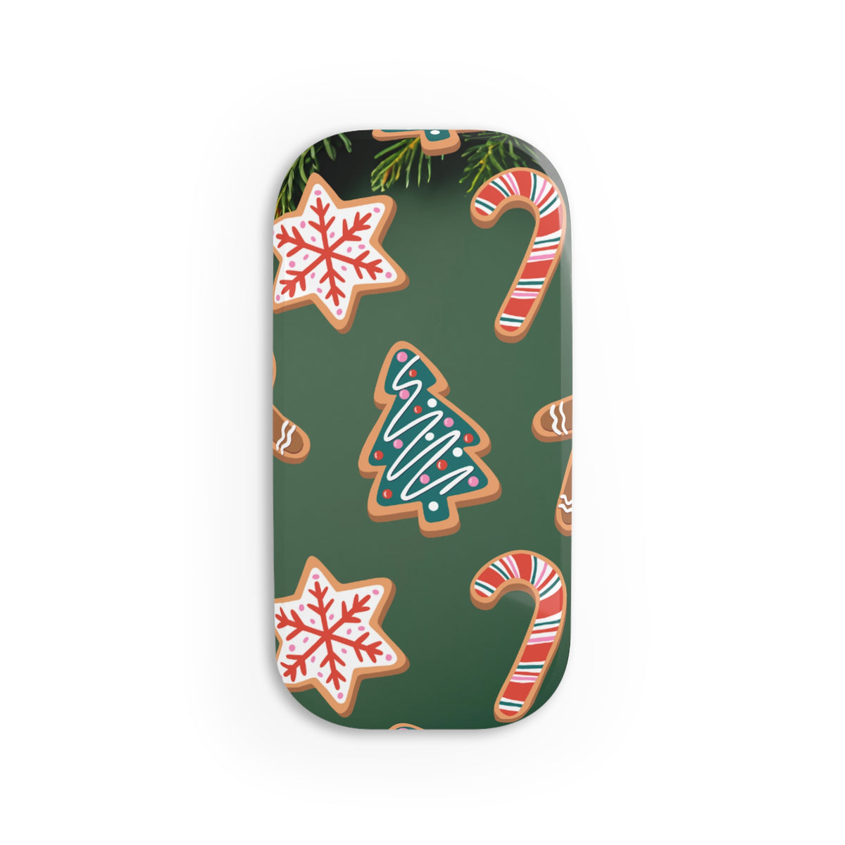 A rectangular phone GRIP with rounded corners featuring a festive Christmas pattern of gingerbread cookies, candy canes, snowflakes, and a Christmas tree on a dark green background.
