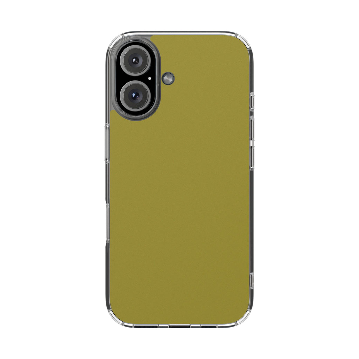 A clear protective phone case with a solid olive green back insert, shown on a smartphone against a plain white background.