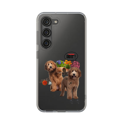 A clear protective phone case with a printed graphic of two brown poodles, colorful flowers, and a small sign that reads 'WE DO IT!' on a dark gray phone, shown against a plain white background.