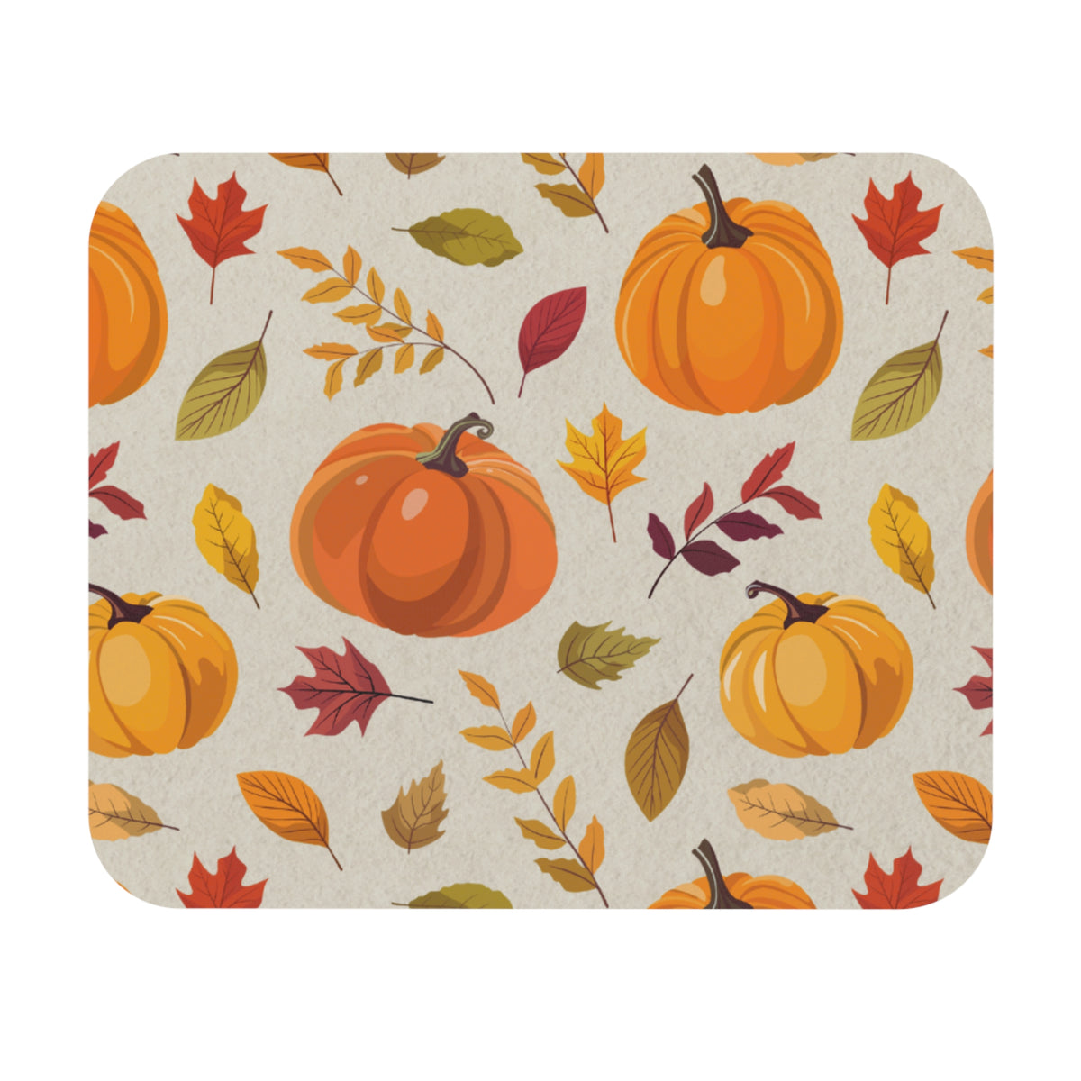 A rectangular mouse pad with rounded corners featuring an autumn pattern of orange pumpkins and colorful fall leaves on a light beige background.