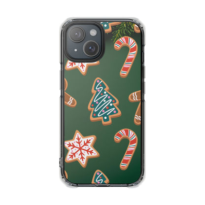 A clear-edged phone case featuring a festive Christmas gingerbread cookie pattern on a dark green background, including candy canes, snowflakes, and gingerbread trees.