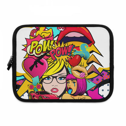 A laptop sleeve featuring a vibrant, colorful pop-art comic book illustration with the words 'POW! POW!' and stylized female characters, shown on a plain white background.