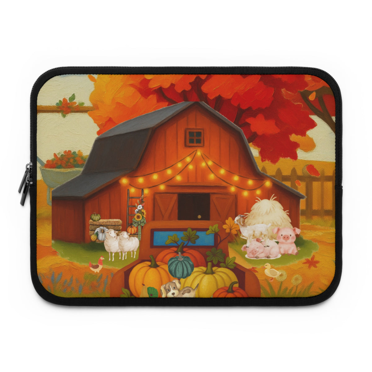 A laptop sleeve featuring a colorful autumn farm illustration with a red barn, pumpkins, sheep, pigs, ducks, and orange-red trees, shown on a plain white background.
