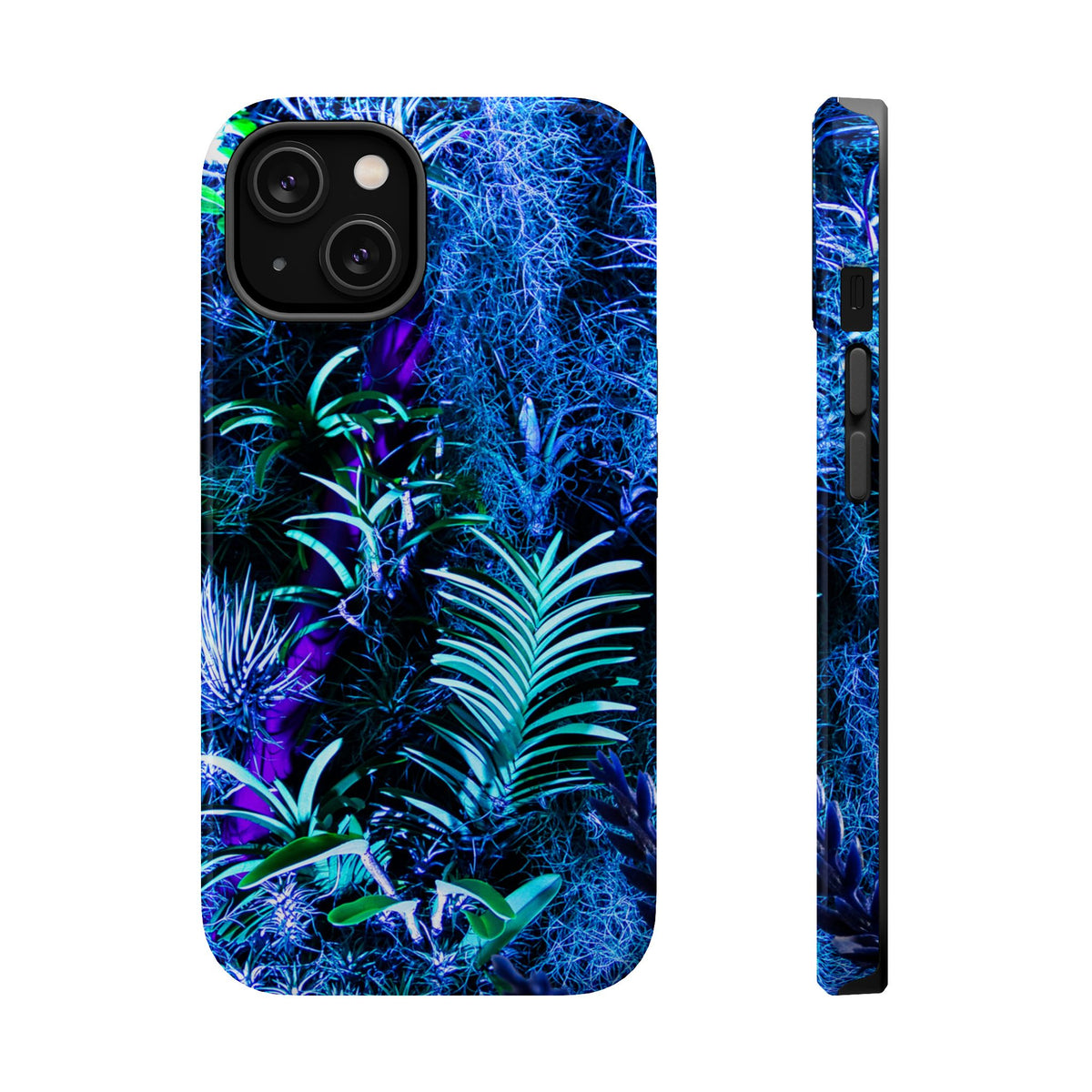 A phone case with a vibrant, detailed tropical plant pattern in shades of blue, green, and purple, shown from both the back and side views against a plain white background.