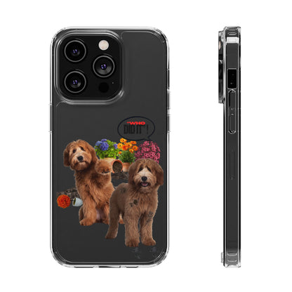 A clear protective phone case shown from the back and side views. The back of the case is dark gray/black and features a graphic print of two brown dogs with colorful flowers and a small red 'DO IT!' sticker.