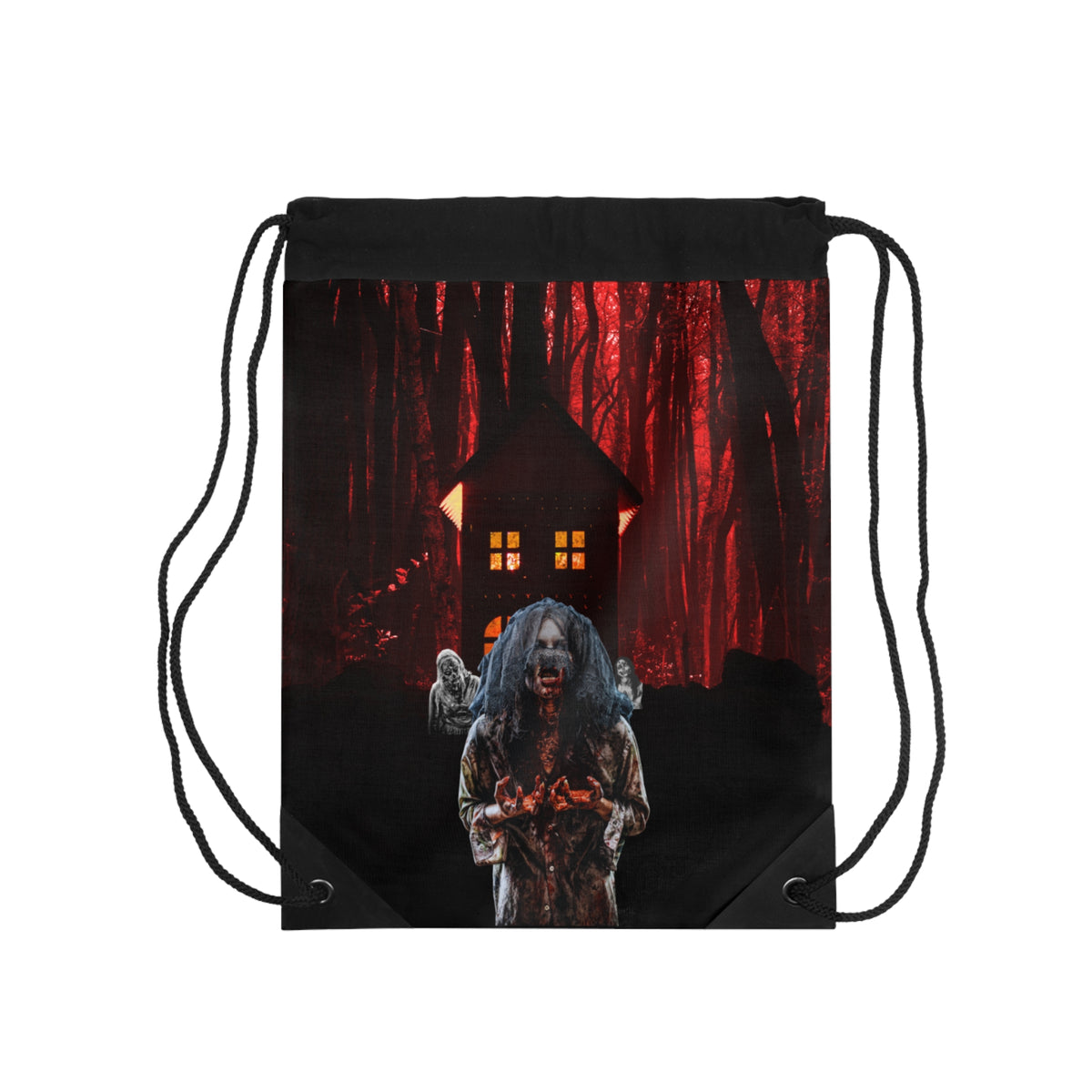 A black drawstring backpack featuring a horror-themed graphic print of a haunted house in a red-lit forest with a ghostly figure in the foreground, shown on a plain white background.
