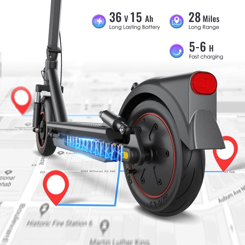 Max Pro Electric Scooter 500W Rear Drive Motor 25MPH Top Speed Dual Hydraulic Suspension 15Ah Large Battery 28 Miles Long Range 5H Fast Charging Foldable Design Smart APP Control Front and Rear Lights Official Warranty