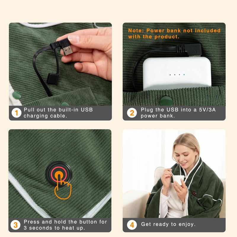 4 in 1 Portable USB Heated Blanket Pillow Shawl (No Power Bank) and Pad, 3 Heat Settings, Fast Warming for Home Office Car Travel with Built-In Heater