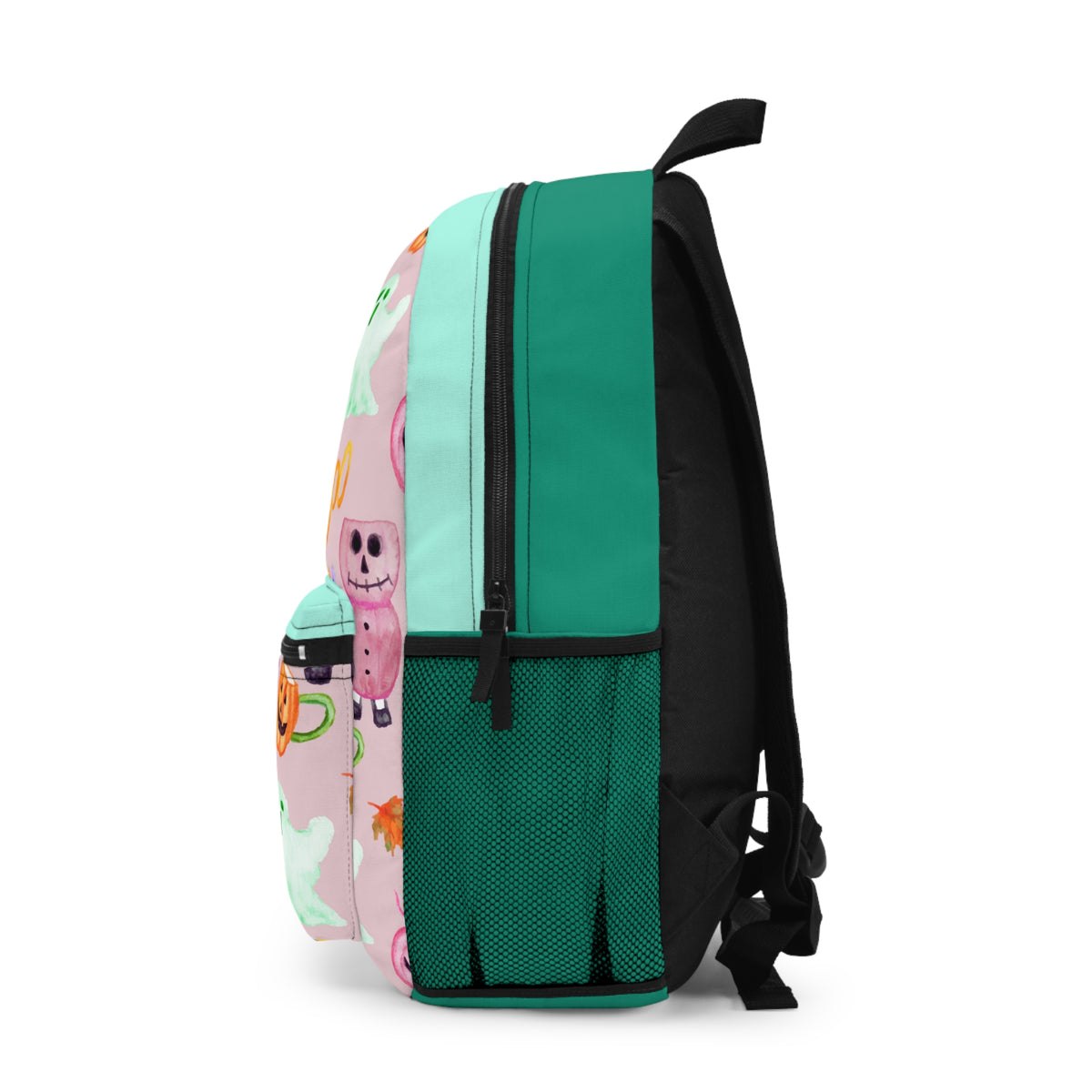 A backpack shown from the side on a white background, featuring a pastel pink and mint green patterned upper section, a solid teal-green side pocket, a black mesh pocket, and black straps.