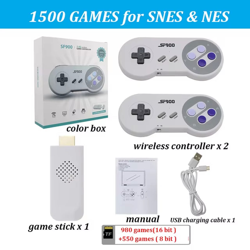 SF900 Retro Game Console HD Video Game Stick with 1500 Games for SNES Wireless Controller 16 Bit Consolas De Videojuegos