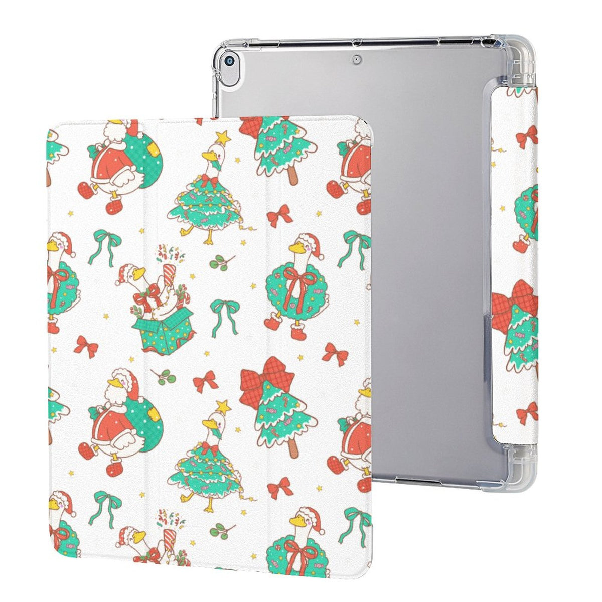 A white protective case for an iPad, shown from both the back and the side. The back cover features a white background with a festive Christmas pattern of cartoon ducks in Santa outfits, Christmas trees, wreaths, and bows.