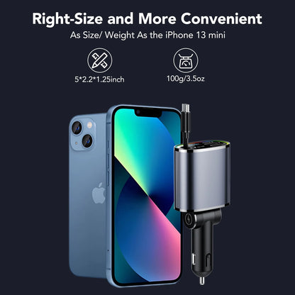 4 in 1 Retractable Car Charger, 78W Car Charger USB C, Fast Car Phone Charger with Cord 2.6Ft, Car Chargers Compatible with Android and Iphone,Car Accessories for Women Men, Perfect Gifts