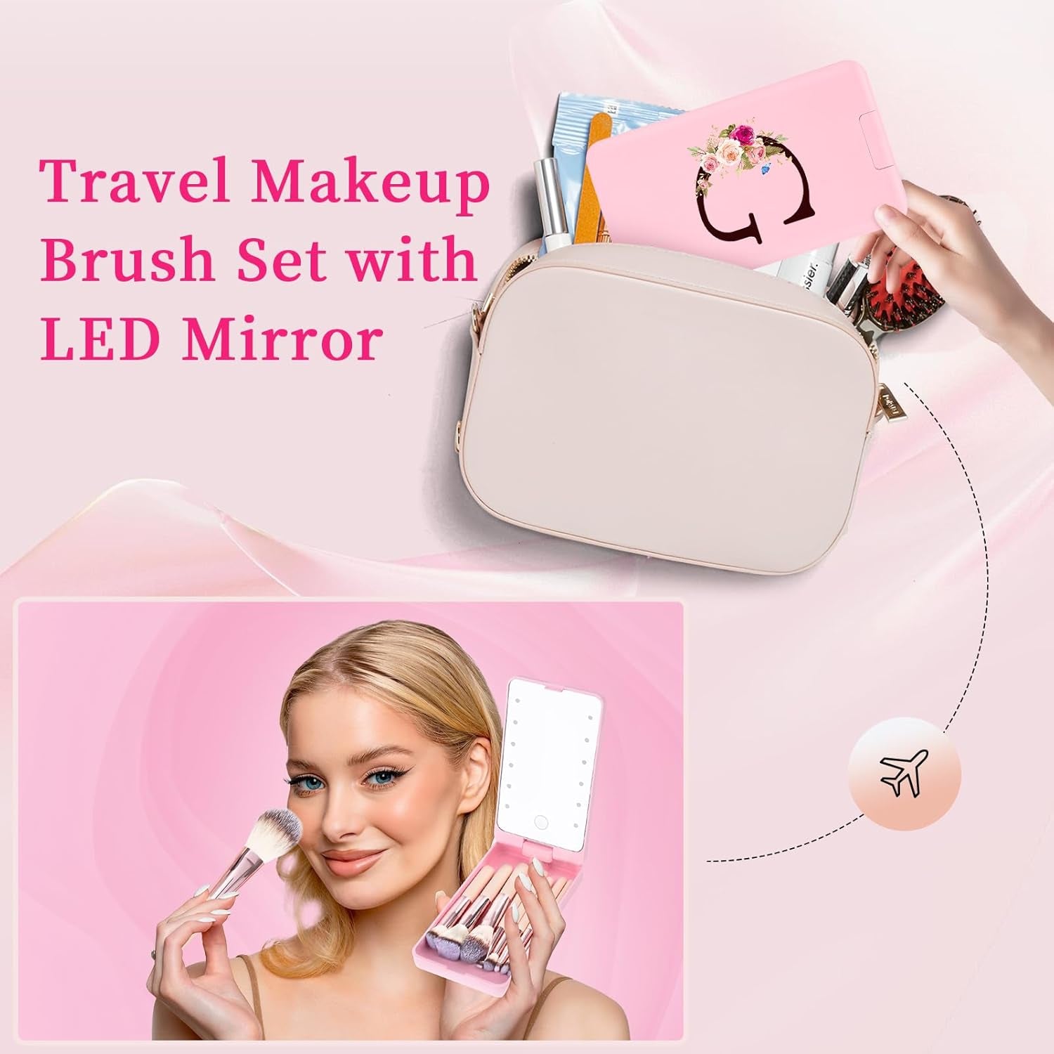Mini 8-Piece Travel Makeup Brush Set with LED Light Mirror, Personalized Monogrammed Brush for Teen Girls, Stylish and Compact Travel Essentials(Pink-G) ﻿