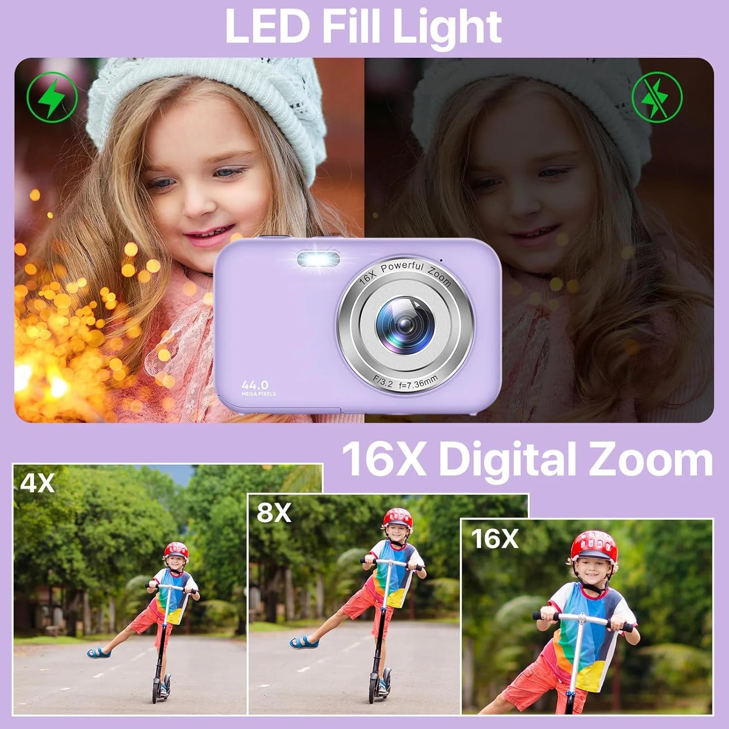 Digital Camera Kids Camera with 32GB Card FHD 1080P 44MP Vlogging Camera 16X Digital Zoom Portable Camera (Purple)