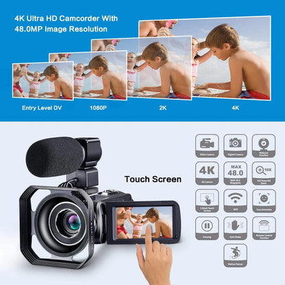 4K Camcorder Vlogging Camera for Youtube Ultra HD 4K 48MP Video Camera with Microphone & Remote Control Wifi Digital Camera 3.0" IPS Touch Flip Screen IR Night Vision 2 Batteries