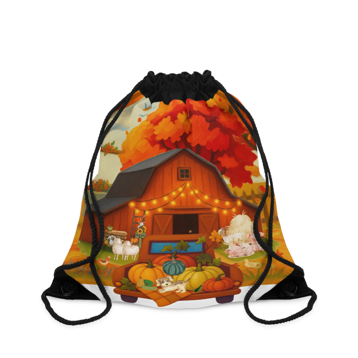 A drawstring backpack with black cords and a vibrant autumn-themed illustration of a barn, pumpkins, sheep, and colorful fall leaves on a white background.