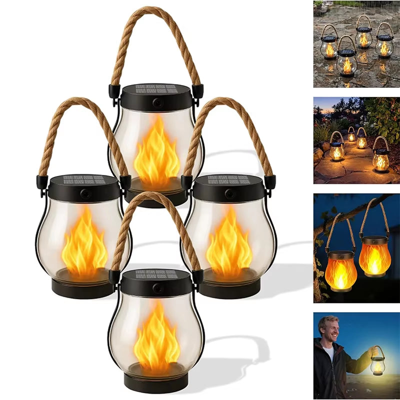 Solar Lantern Outdoor Lights Waterproof Dancing Flame Solar Lantern Hemp Rope Hanging Flame Lanterns for Garden Yard Decorations