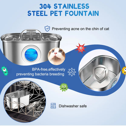 Cat Water Fountain Stainless Steel,  108Oz/3.2L Pet Fountain with Water Level Window,Automatic Water Dispenser for Cats and Dogs, Electric Drinking Bowl Suitable for Multiple Pets, Silver